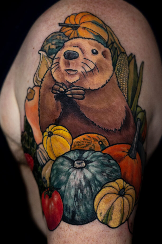 illustrative color tattoo of a beaver surrounded by gourds and autumn fruits and vegetables, corn, done by houston tattoo artist, neutral colors