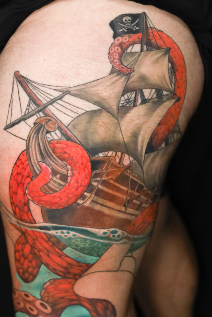 color realism work in progress photo of a ship being taken by a kraken