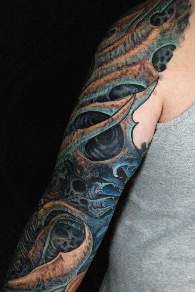 bio organic color realism tattoo, spikes and textures, rework