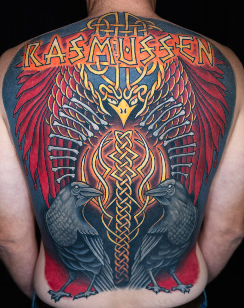 illustrative color back piece, two crow and a nordic blood eagle, done by a Houston tattoo artist