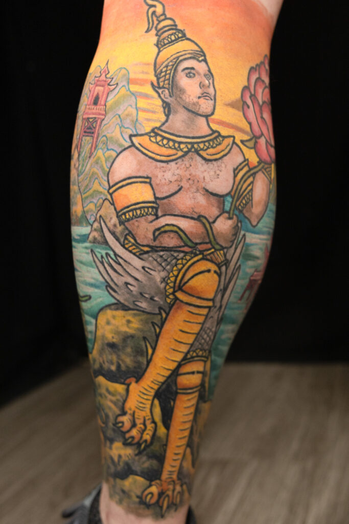 illustrative color tattoo of a god holding a flower, vibrant and healed, done by Houston tattoo artist